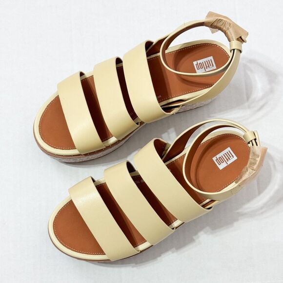 FITFLOP NWB Sz 9 Pale Yellow Leather Eloise Espadrille Wedge Sandals - Picture 1 of 10
